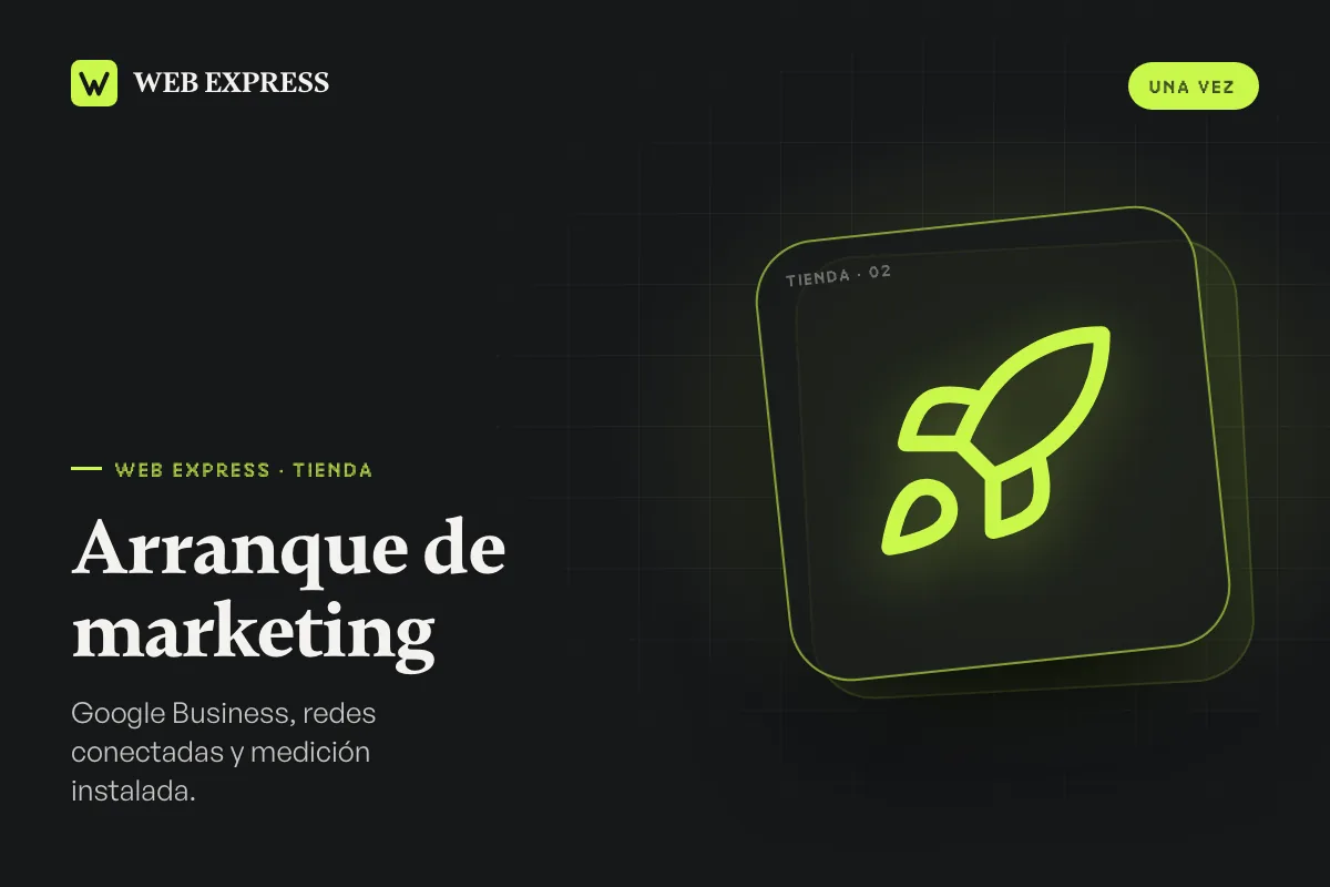 Arranque de marketing: cohete dibujado en verde lima sobre fondo oscuro, con el nombre del producto