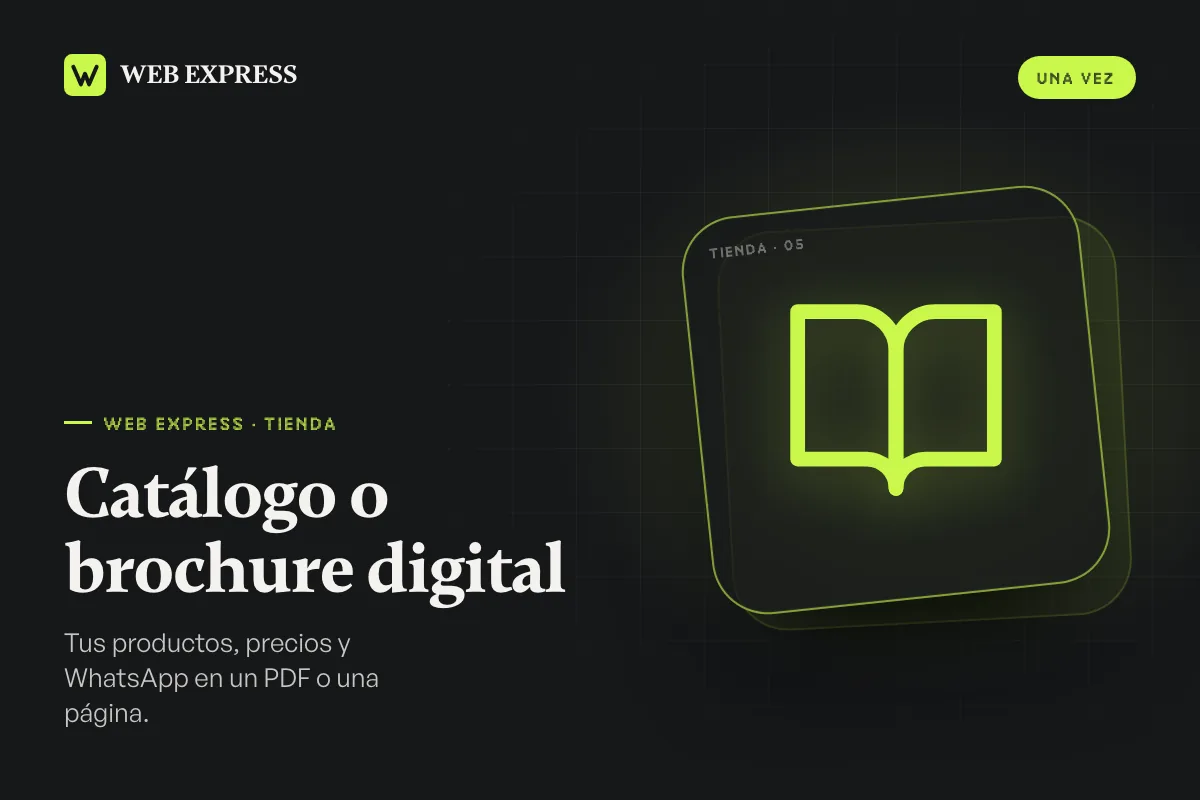 Catálogo o brochure digital: libro abierto dibujado en verde lima sobre fondo oscuro, con el nombre del producto